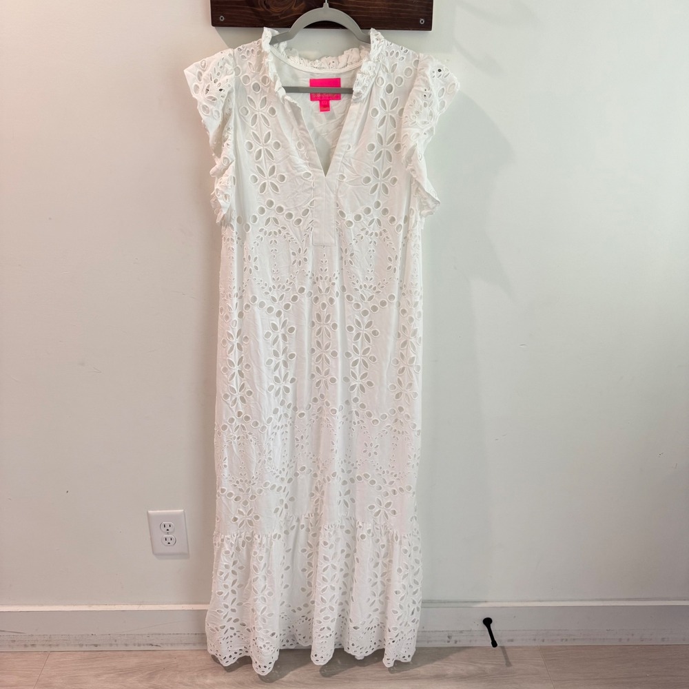 Lilly Pulitzer Klaudie White Eyelet Maxi Dress Ruffle Flutter Sleeve Tiered 12